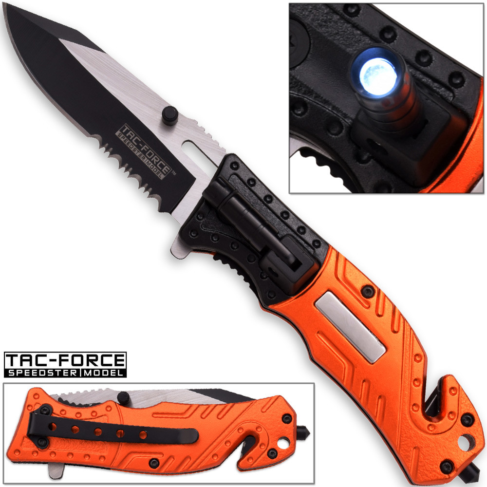 8in TAC Force EMT Hi-Vis Rescue Flashlight Pocket Knife Spring