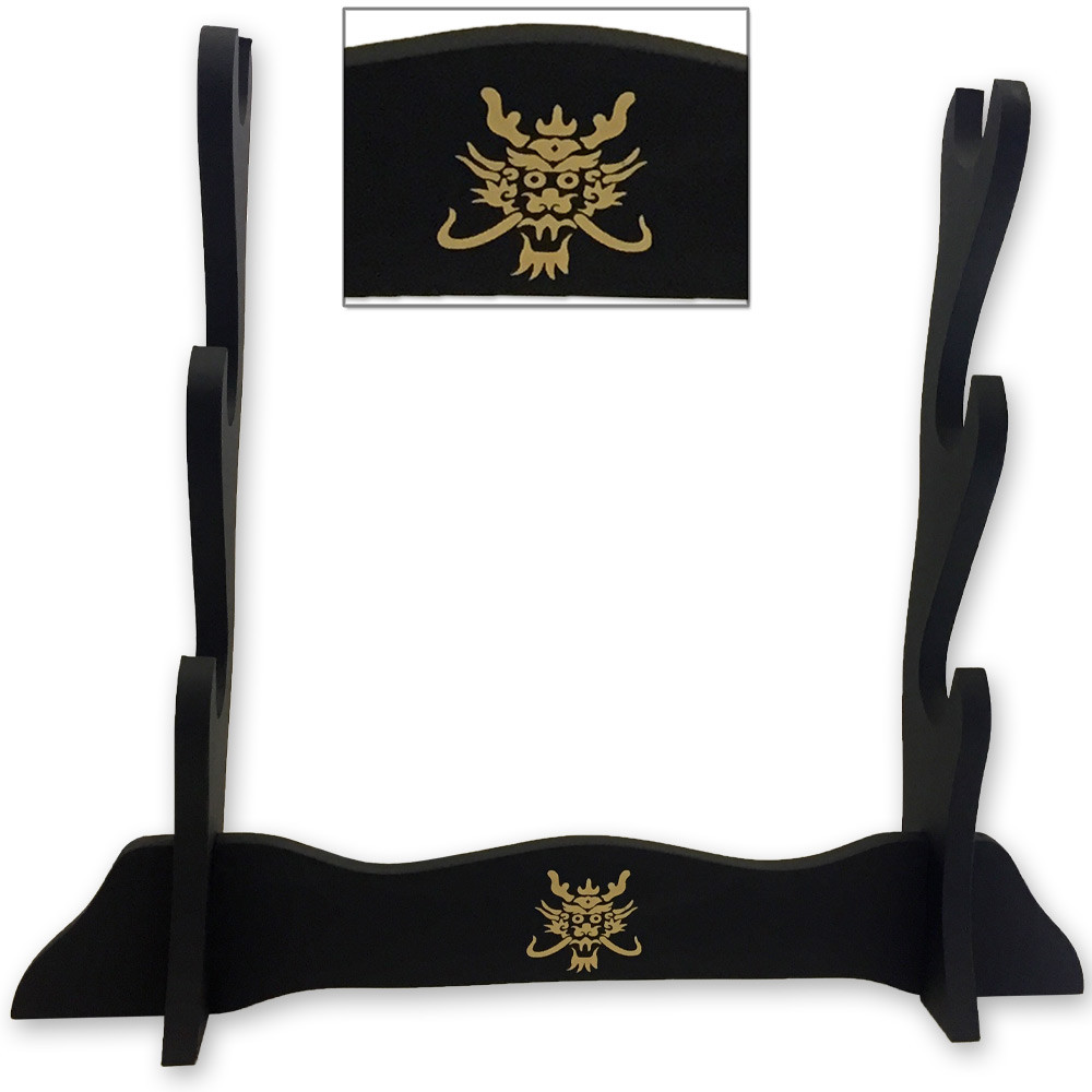 Three Swords Table Display Stand Wooden Triple Stack 3 w Golden Dragon ...