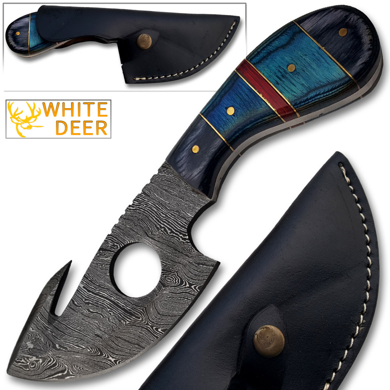 White Deer Damascus Gut Hook Skinner Hunting Knife (Hand Made