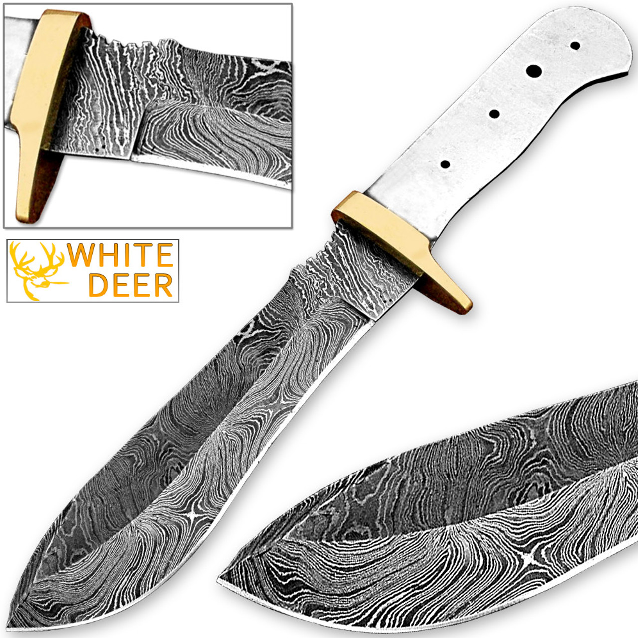 White Deer Blank Blade Damascus Steel Skinner Knife Copper Guard