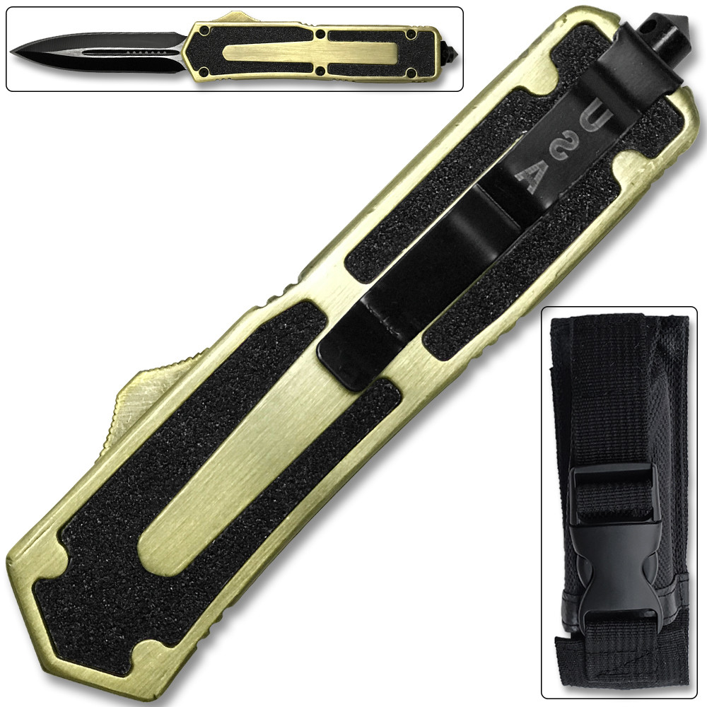 Gold Legacy Edge OTF Knife Spear Point, Double Edged Blade - Edge Import