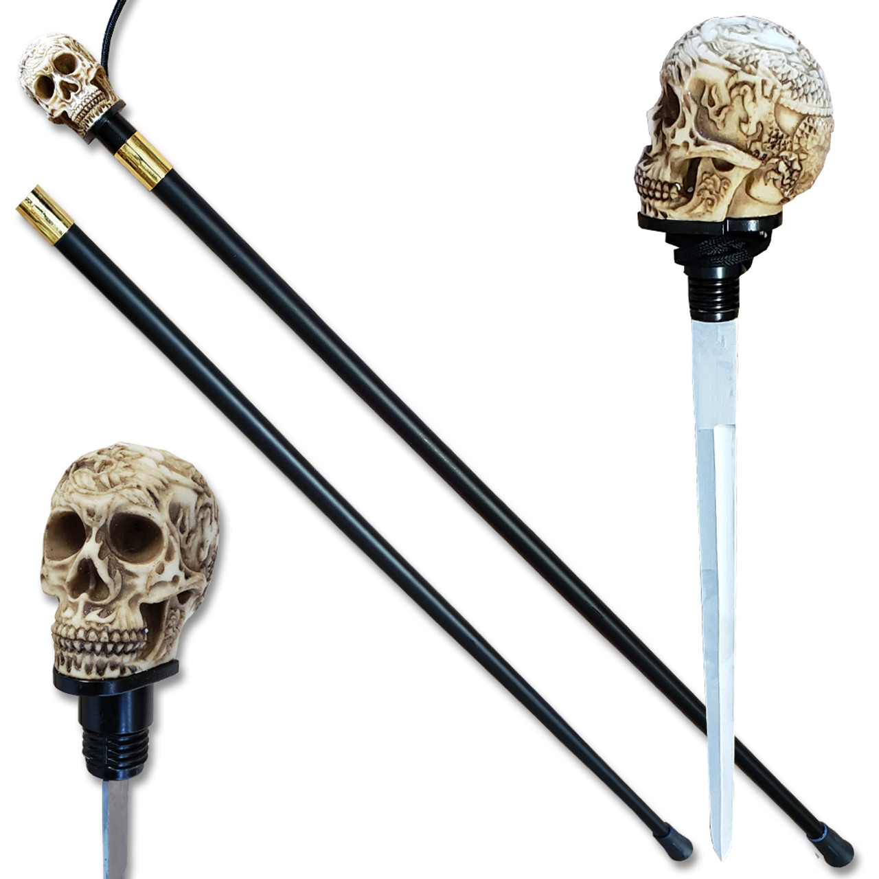 Walking Skull/Devil Head Cane Sword Staff Mobility Stick Rubber Foot Handle  - Edge Import