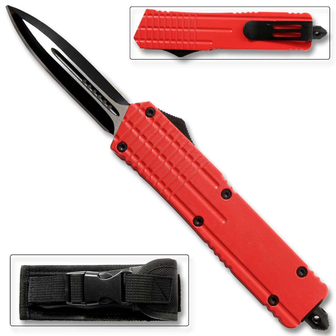 Red Spear Point OTF Out The Front Assisted Open Tactical Glass Breaker Red  Handle - Edge Import