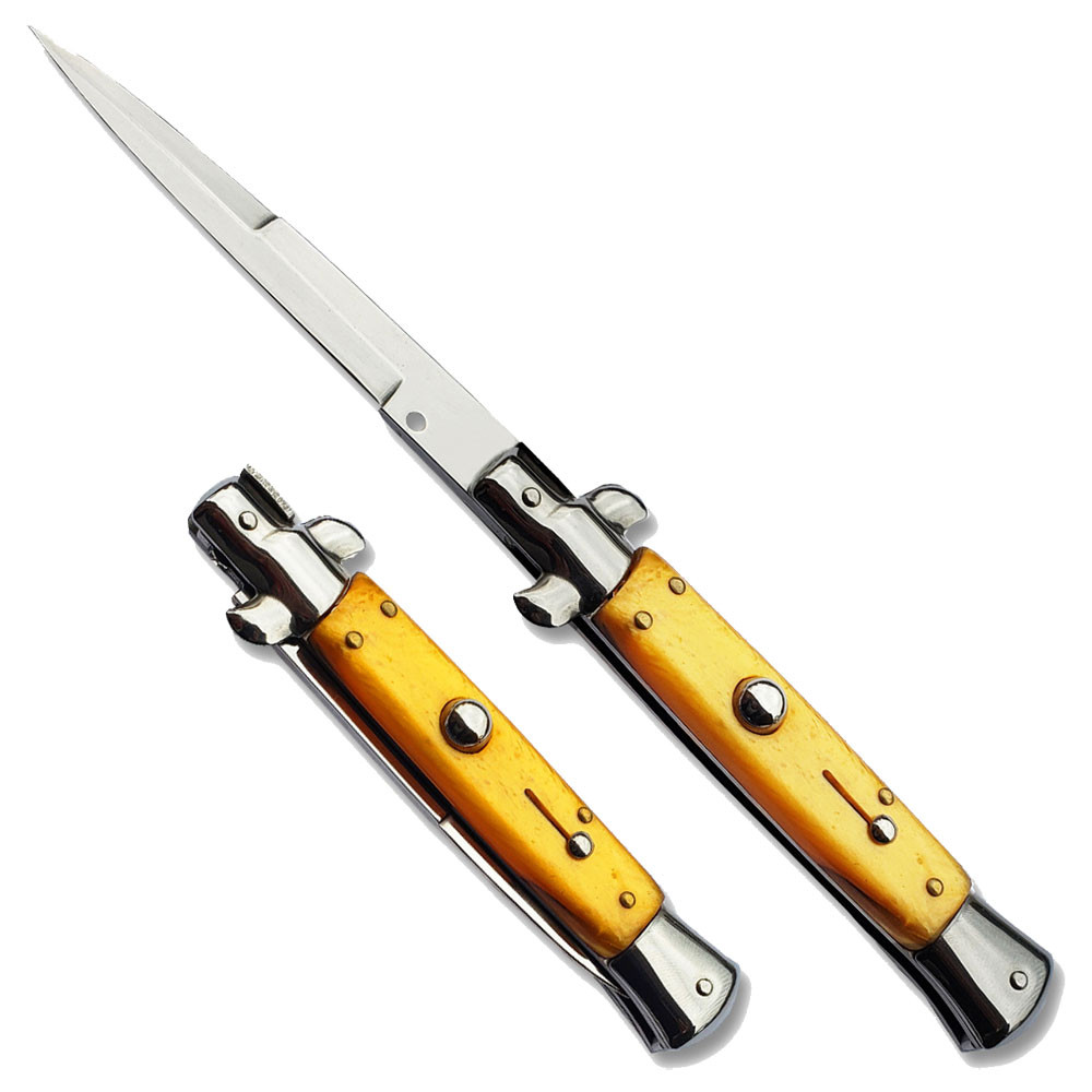 Gold Classic Stiletto Auto Knife Gold Color Handle Edge Import
