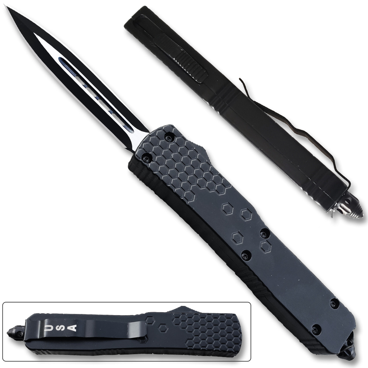 Slim Black Spear Point OTF Knife Assisted Open Tactical Glass