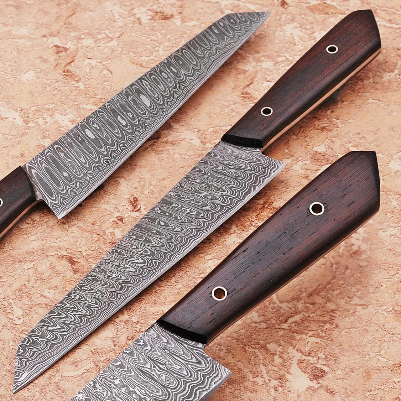 Hand Forged Damascus Chef Set, Handmade Kitchen Knife, Damascus