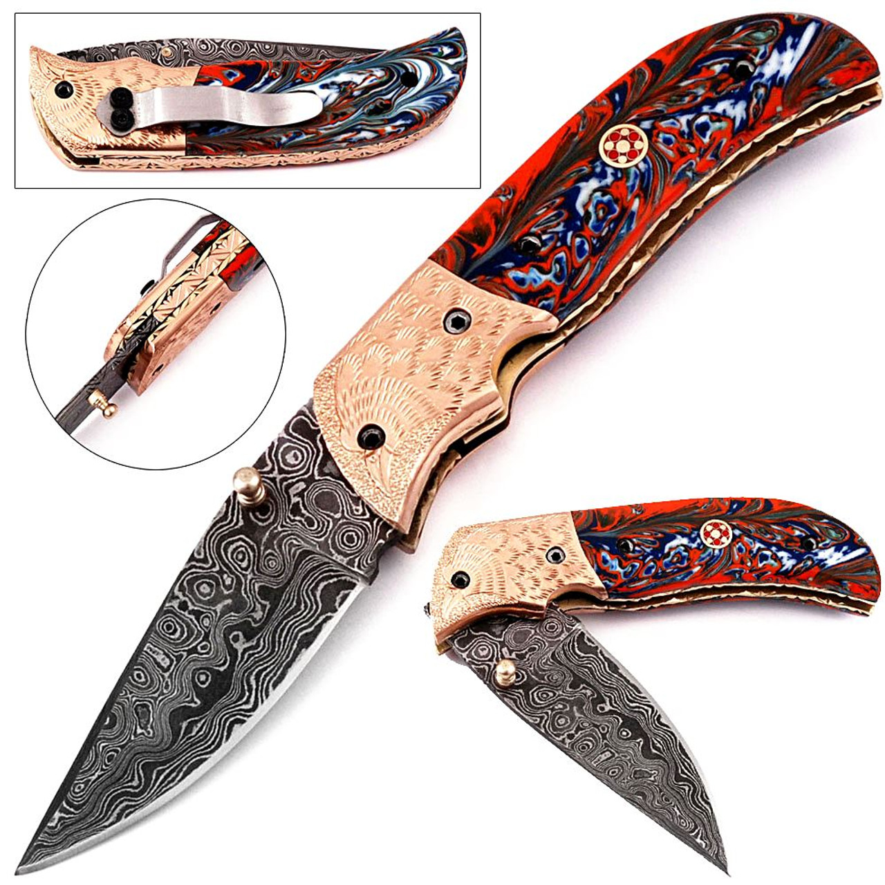 Full Damascus Folding Knife Custom Handmade Damascus Steel