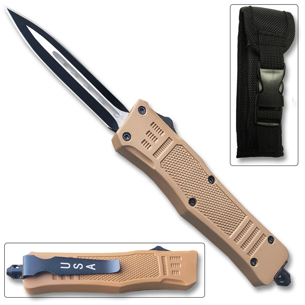 Brown Legacy OTF Knife Spear Point, Double Edged Blade - Edge Import