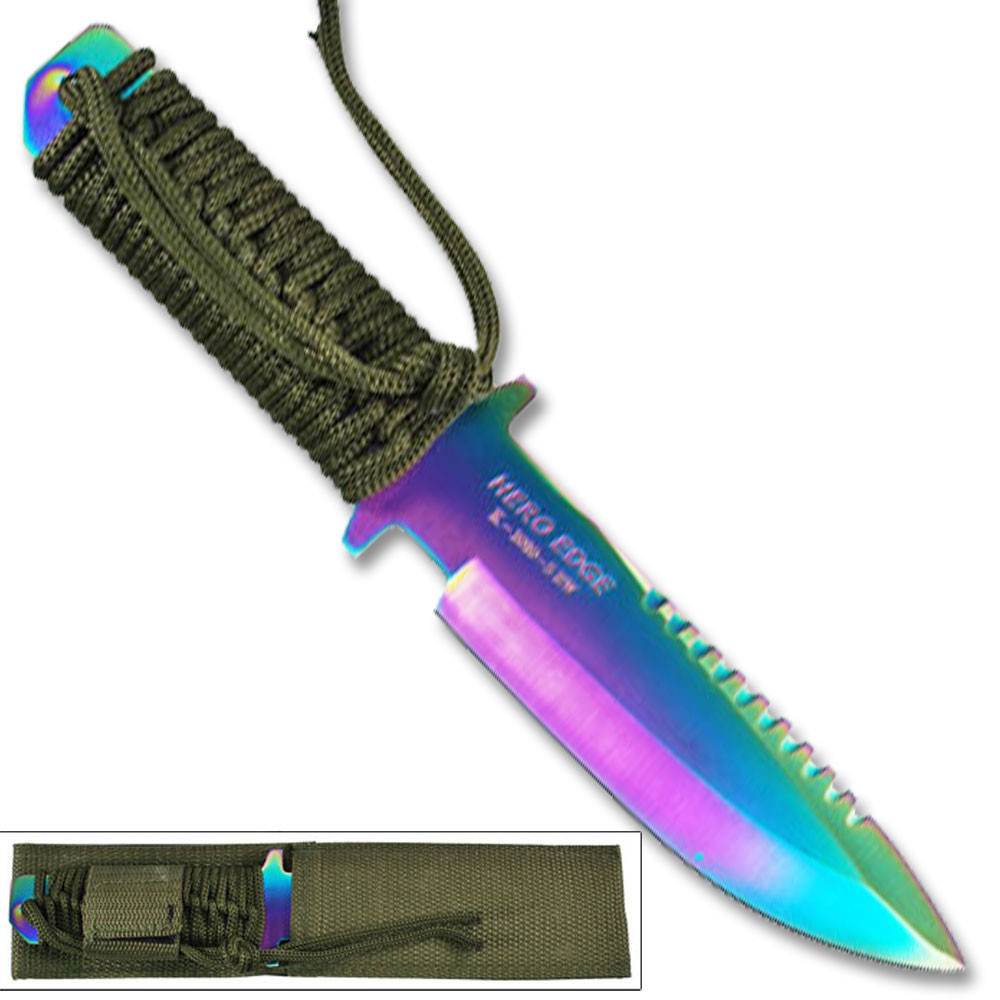 10.75 Inch Full Tang Hunting Knife with Sheath Rainbow Color Steel