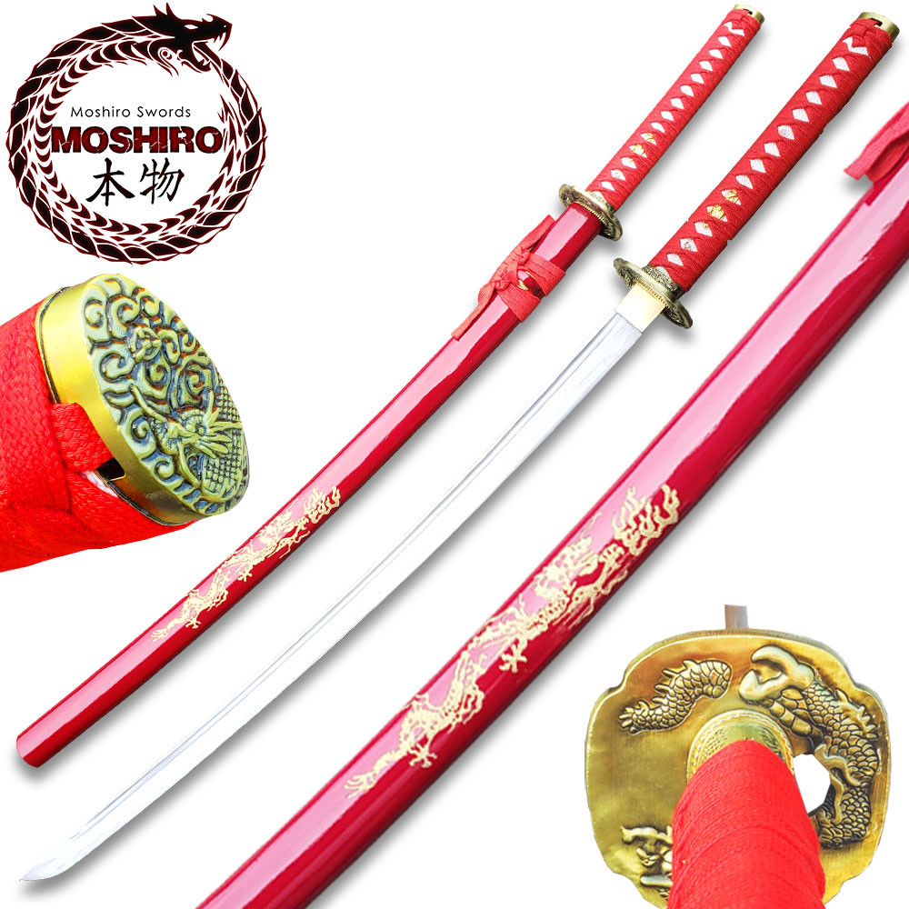 MOSHIRO 1045 Steel Handmade Katana With Dragon Engraved on Red