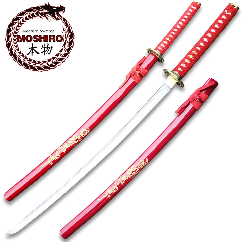 MOSHIRO 1045 Steel Handmade Katana With Dragon Engraved on Red