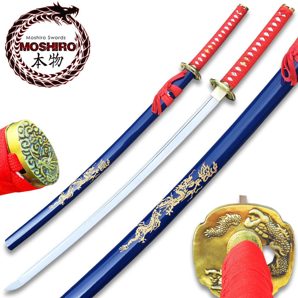 MOSHIRO 1045 Steel Handmade Katana With Dragon Engraved on Blue