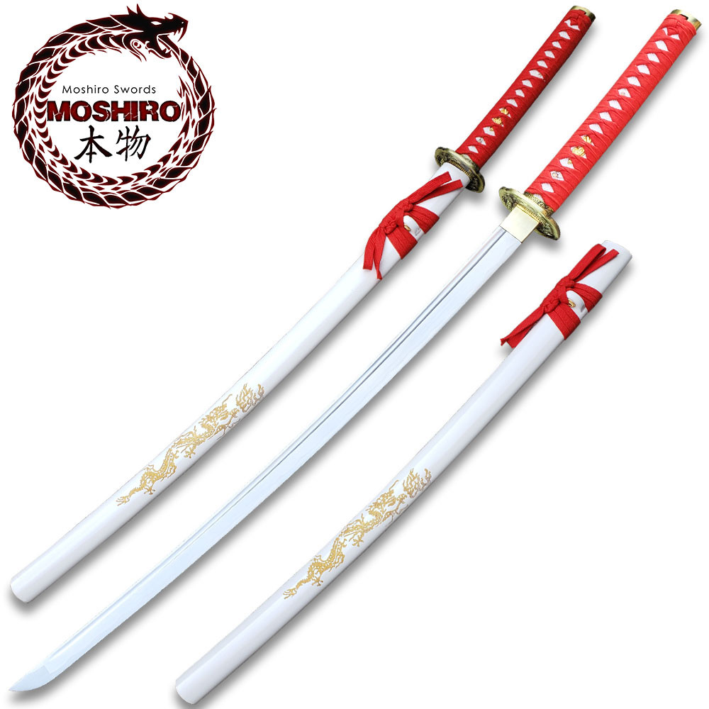 MOSHIRO 1045 Steel Handmade Katana With Dragon Engraved on White