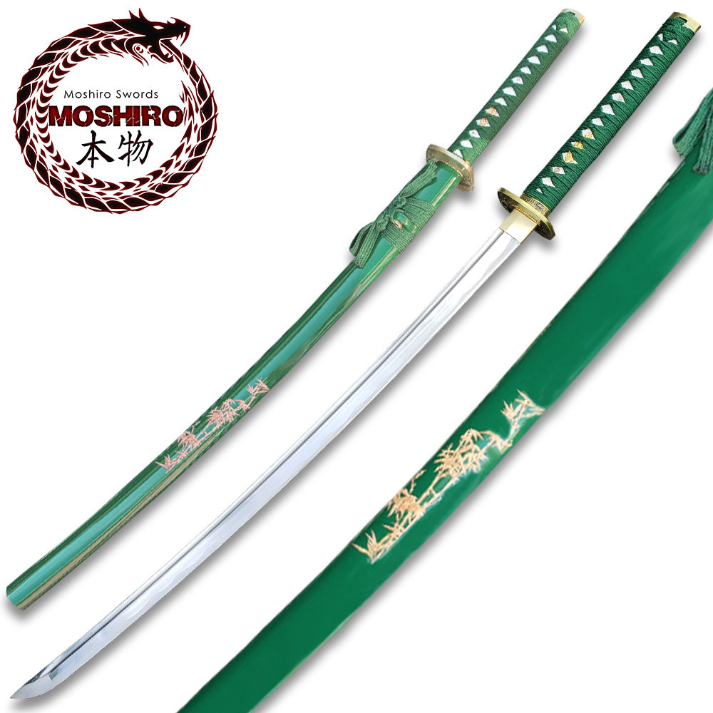 MOSHIRO 1045 Steel Handmade Katana With Bamboo Engraved on Green