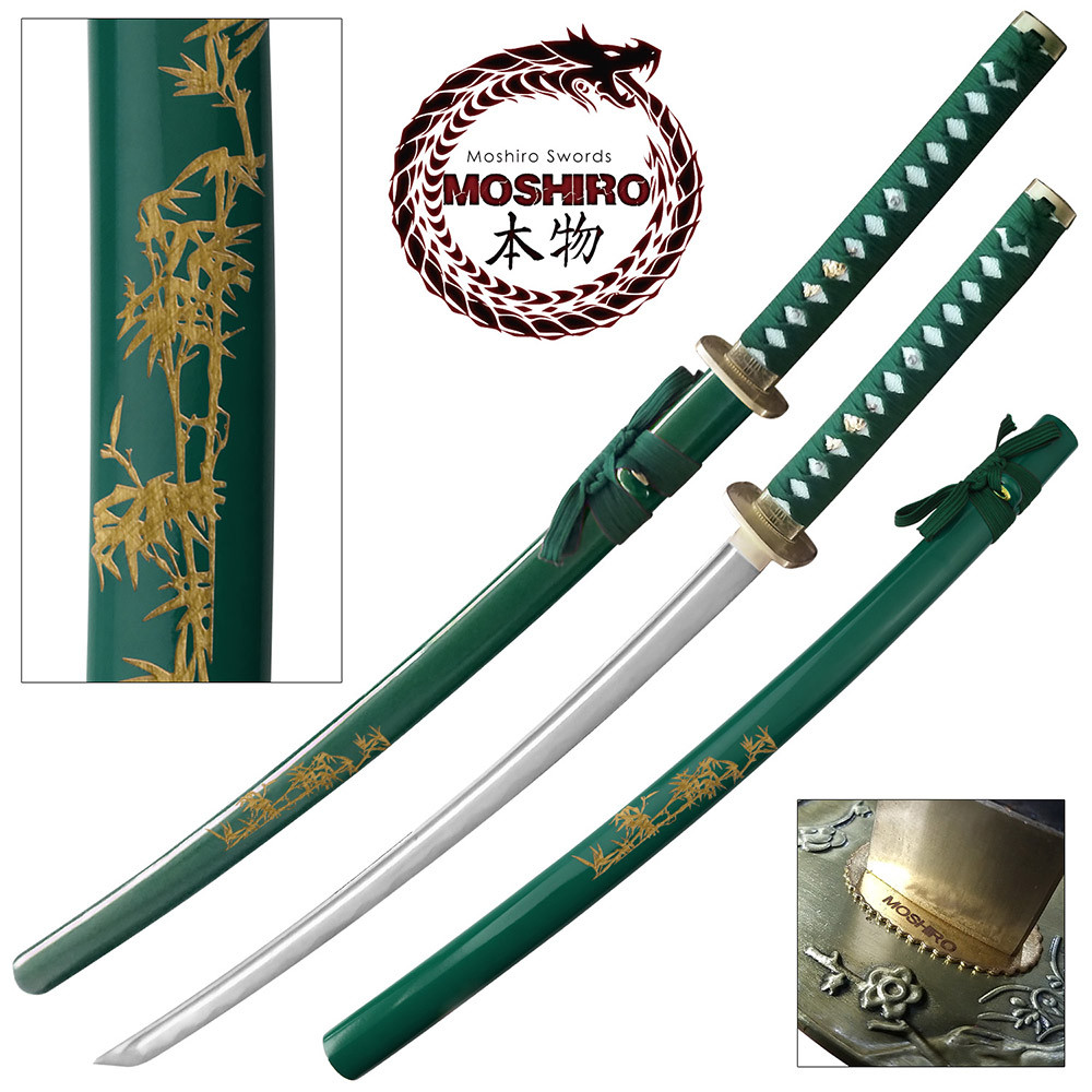 MOSHIRO 1045 Steel Handmade Katana With Bamboo Engraved on Green