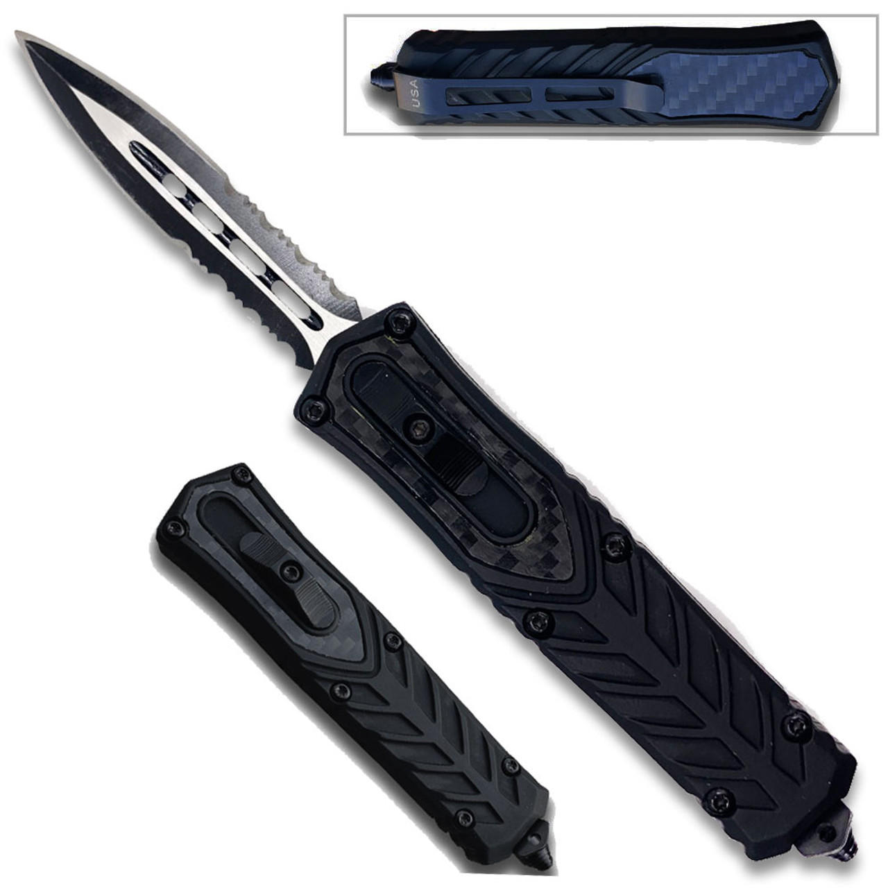 Delta OTF Carbon Fiber Black Double Edge Serrated Knife - Edge Import