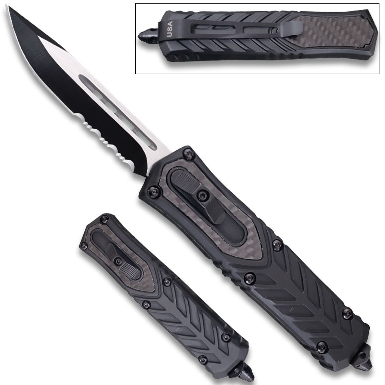 Delta OTF Carbon Fiber Black Drop Point Serrated Edge Knife - Edge Import