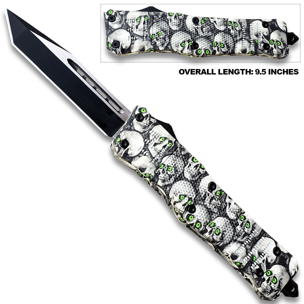 3D Skull with Black & White Zombie Tanto Blade OTF Knife - Edge Import