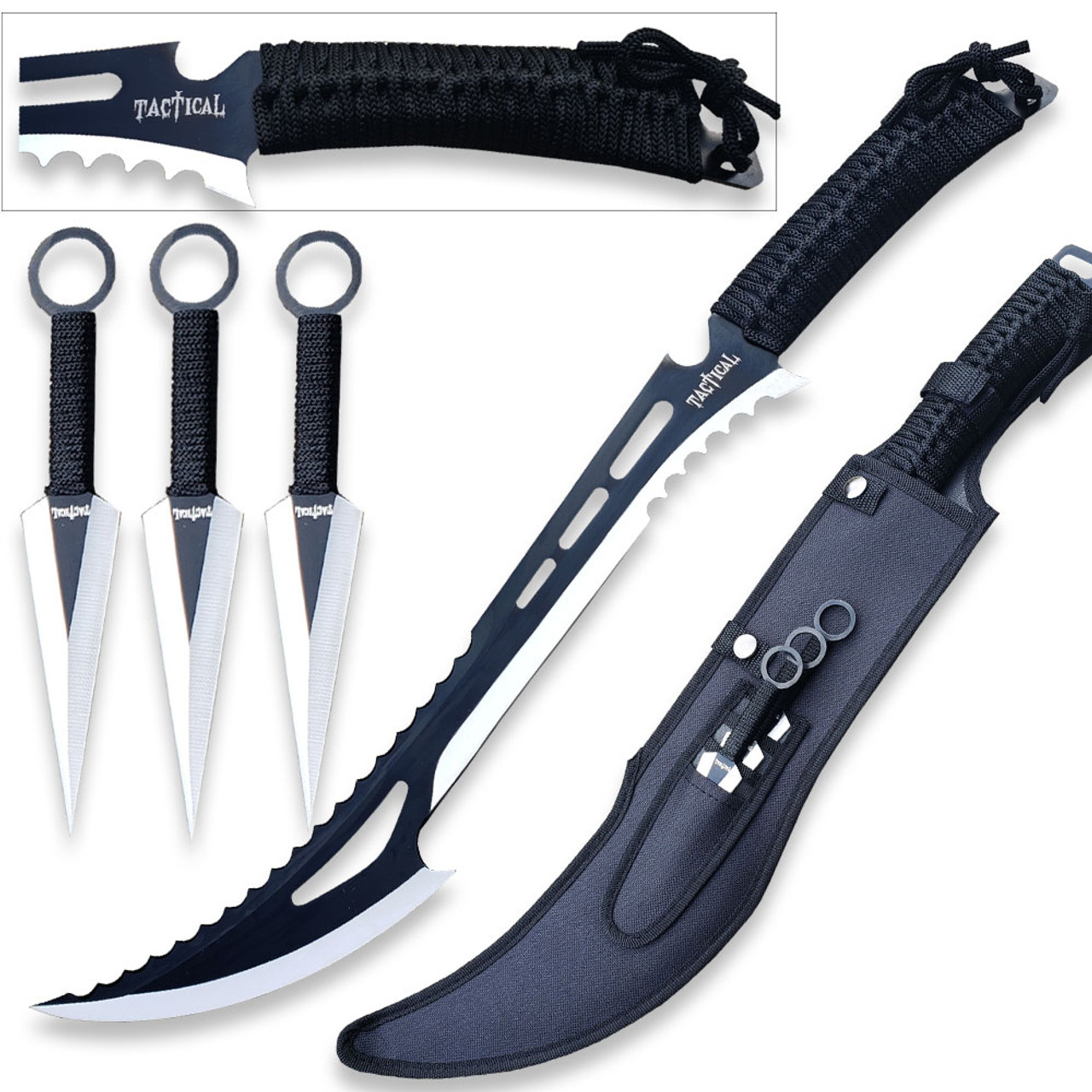 27 Ninja Sword Tactical Fixed BLADE Machete w/ 2 Throwing Knife + Sheath  Set