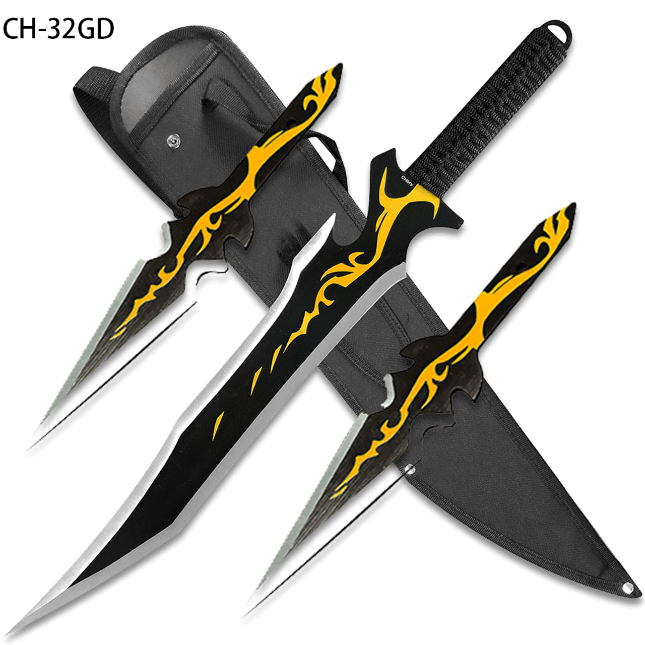 Gold Fantasy Ninja Warrior Sword 26 W/2 pcs Throwing Knife Set - Edge  Import