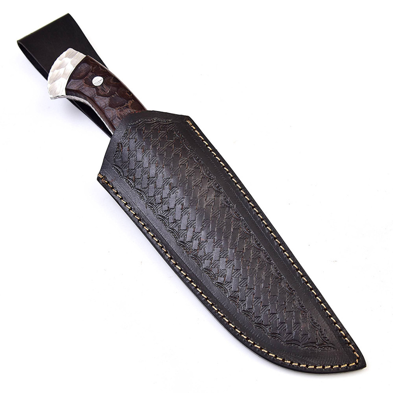 8.8 Long hand forged Twist pattern full tang Damascus steel Butcher Knife,  Ram horn scale with bolster, thick Cow hide leather sheath 