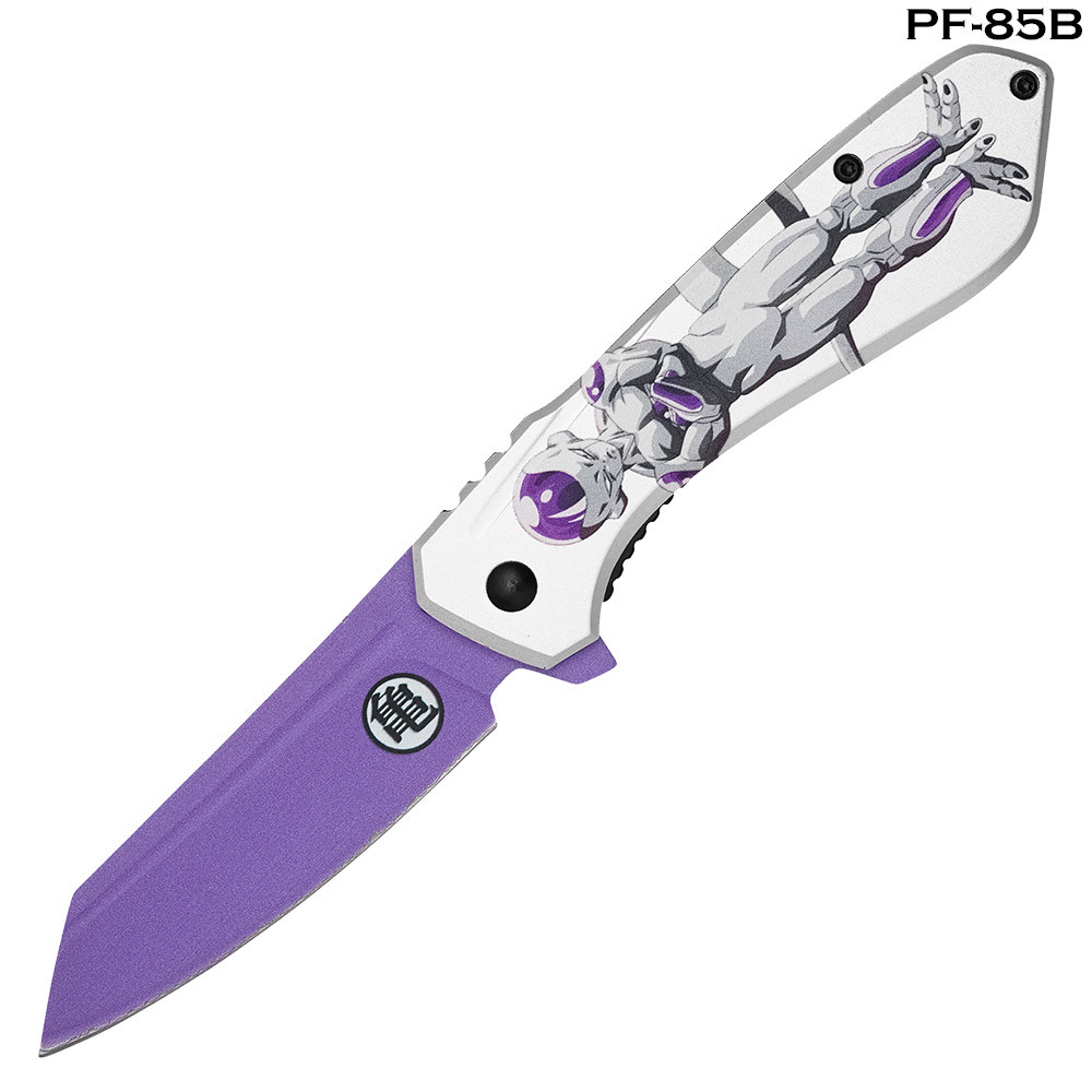 Frieza Print Grey Purple Handle Spring Assist Pocket Knife - Edge