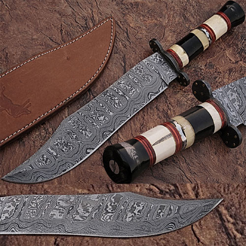 Custom Made Damascus Steel Bowie Knife w/ Buffalo Horn Handle w/