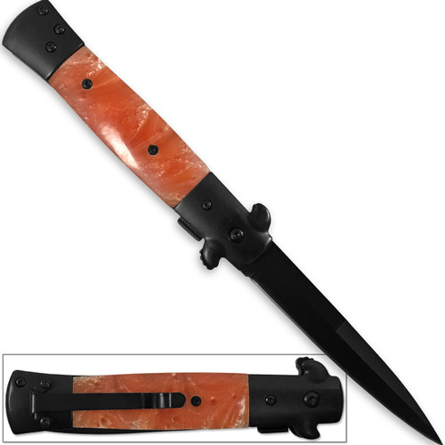 Stiletto Kissing Crane Knife Legal Assisted Opening Knives Orange Pearl Edge Import