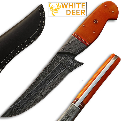 White Deer Damascus Steel Custom  Knife Orange Color Camel Bone Handle