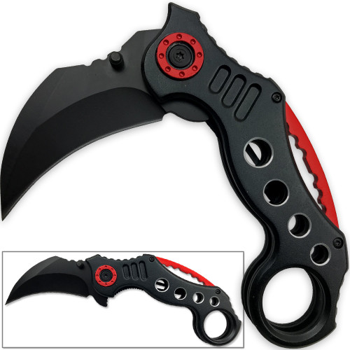 Tactical Extreme Karambit Knife | Spring Assisted Blade Black & Red Handle