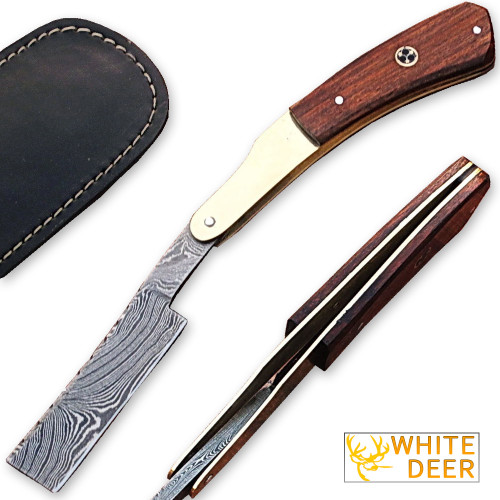White Deer Damascus Steel Straight Razor w/ Wood & Brass Handle