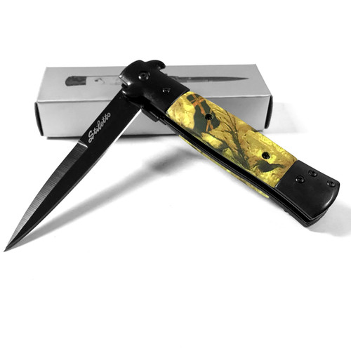 Stiletto Milano Godfather Kissing Crane Knives Legal Assisted Opening Knife Woodland Camo Edge