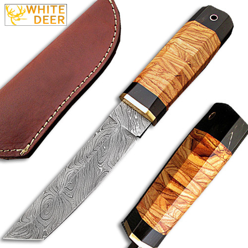 White Deer Rebel Nemesis Damascus Tanto Knife Custom Olive Wood Handle 