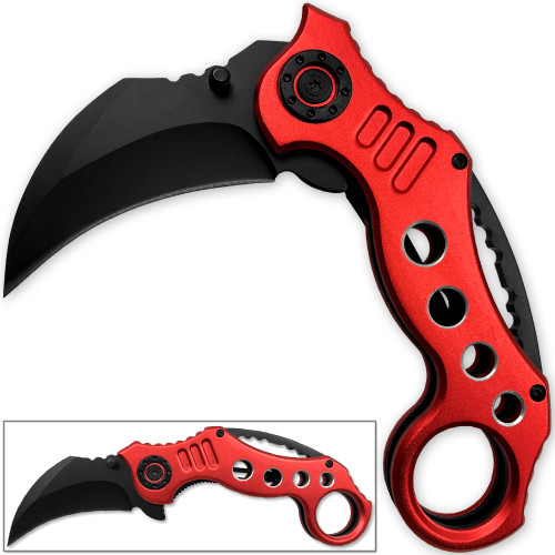 Tactical Extreme Karambit Knife | Spring Assisted Blade Red Handle