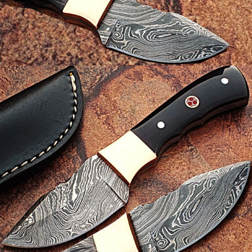 Custom Made Damascus Skinner Knife w/ Full Tang Buffalo Horn Han