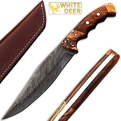 White Deer Exclusive Damascus Steel Bowie Knife With Rose Wood & Burl Olive Wood 
