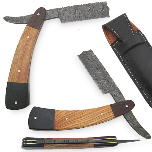 White Deer Shaving Razor Damascus Forged Cocobolo, Olivewood, Buffalo Horn Handle