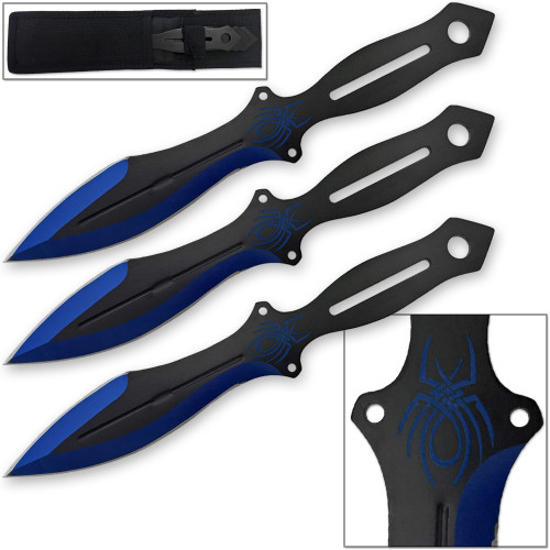 Akuma Arachnid Demon Ninja Throwing Knives 3pcs Set Black Icy Blue Trim ...