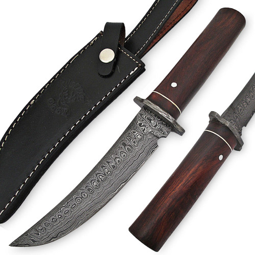 White Deer Custom Damascus Bolster Hunting Knife Walnut Wood Round Handle 