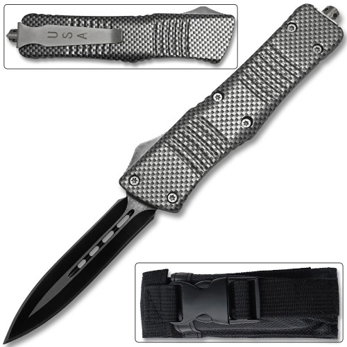 Spear Point OTF Knife Out The Front Assisted Open Tactical Glass Breaker Straight Edge Silver Handle