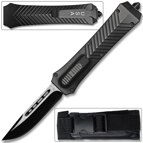 Straight Sharp Edge OTF Knife Out The Front Assisted Open Tactical Glass Breaker Black Handle