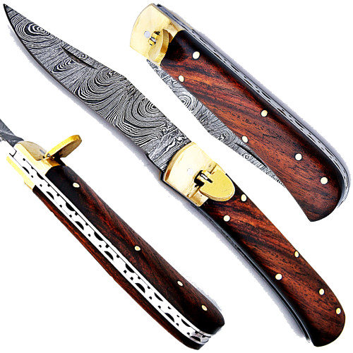 Coco Bolo Wood Handle Damascus  Lever Lock Auto Knife 