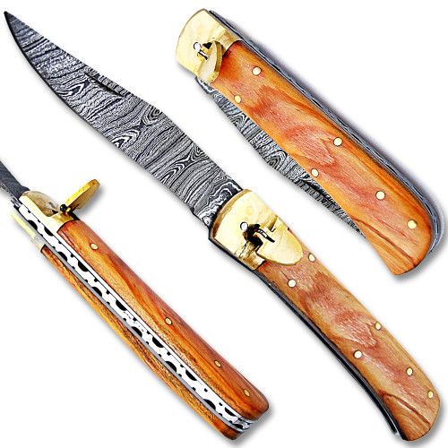 Olive Wood Handle Damascus  Lever Lock Auto Knife 