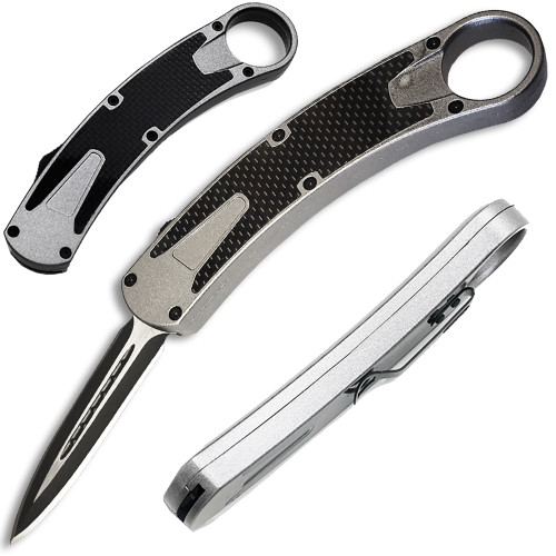 Karambit OTF Spear Point, Double Edged Blade Silver Handle