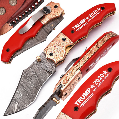 "Keep America Great" Trump 2020  Damascus Folding Knife  Copper Bolster Exclusive Item