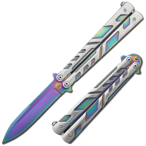  Swift Rainbow Spear Point Single Edge Blade Balisong Butterly Knife 