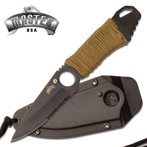  Tactical Fixed Blade Neck Knife, Black Half-Serrated Blade
