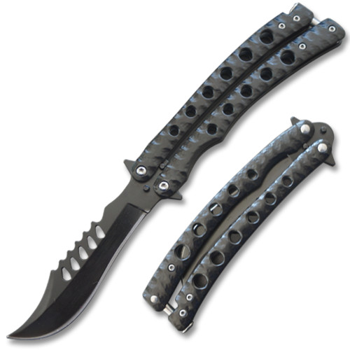  Serrated Swift Black Handle  Balisong  Black Blade Coated Butterly Knife Curved Blade