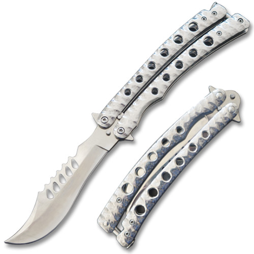 Serrated Swift Black Handle  Balisong  Silver Blade Coated Butterly Knife Curved Blade