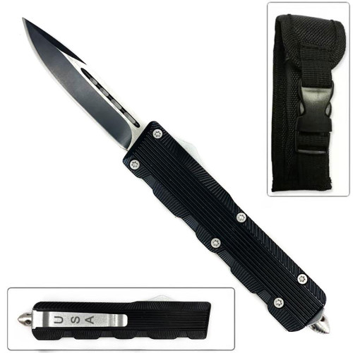 Drop Edge Black Flagship OTF Knife w/Comfort Groove Handle Single Edge 